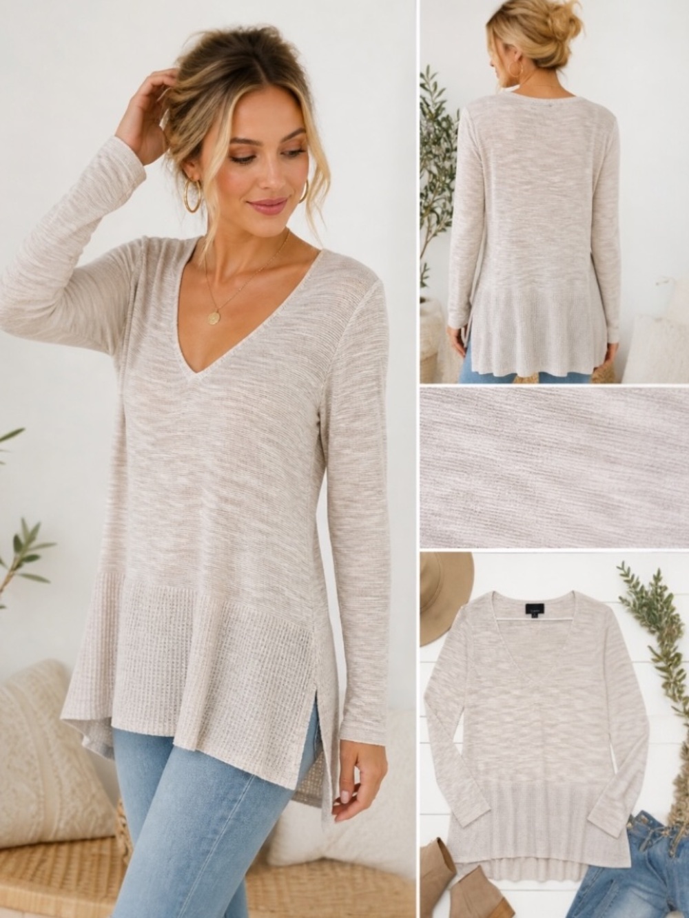Lumiere Oatmeal Knit Tunic Sweater V-Neck Peplum Hem Lightweight Boho Small